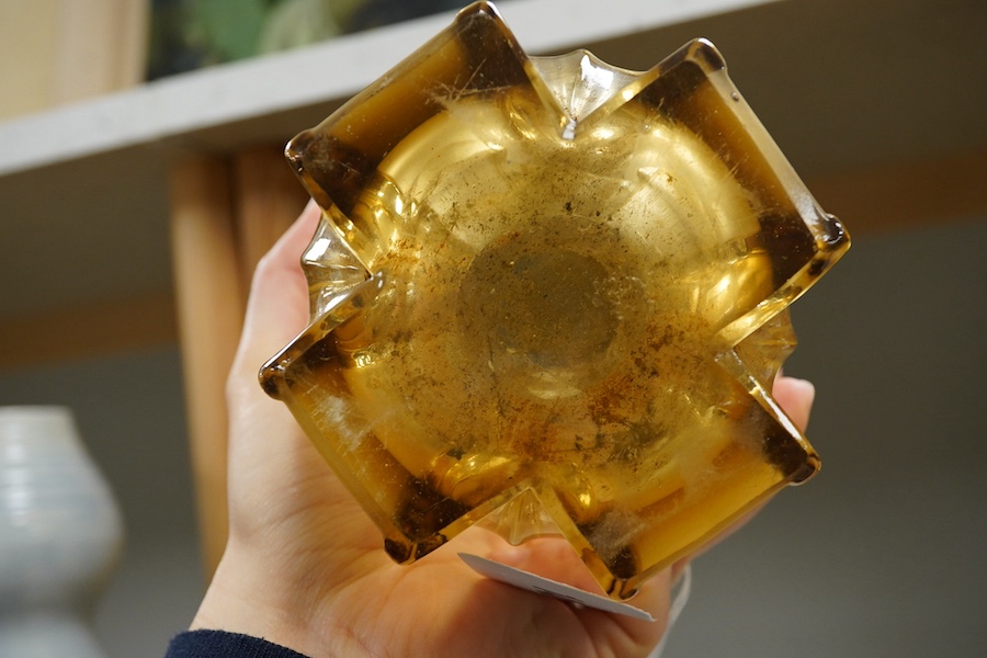 A pair of Art Deco amber and frosted glass vases, 25cm high. Condition - good, scuffing to bases